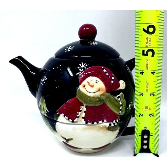 Wongs Ceramic Teapot For One Navy Snowman Snowflakes Pine Trees 3 Pc 20 oz 2006 - Picture 13 of 14